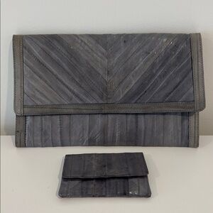 Vintage Eel Skin clutch purse envelope style bag & coin purse set lined grey